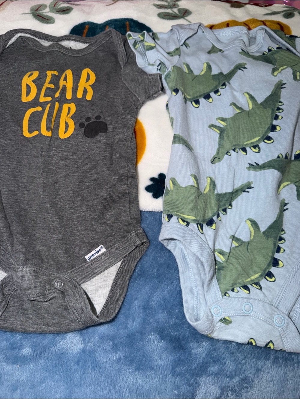 Bear Cub & Dino Print Baby One-Piece Set - Gray and Light Blue